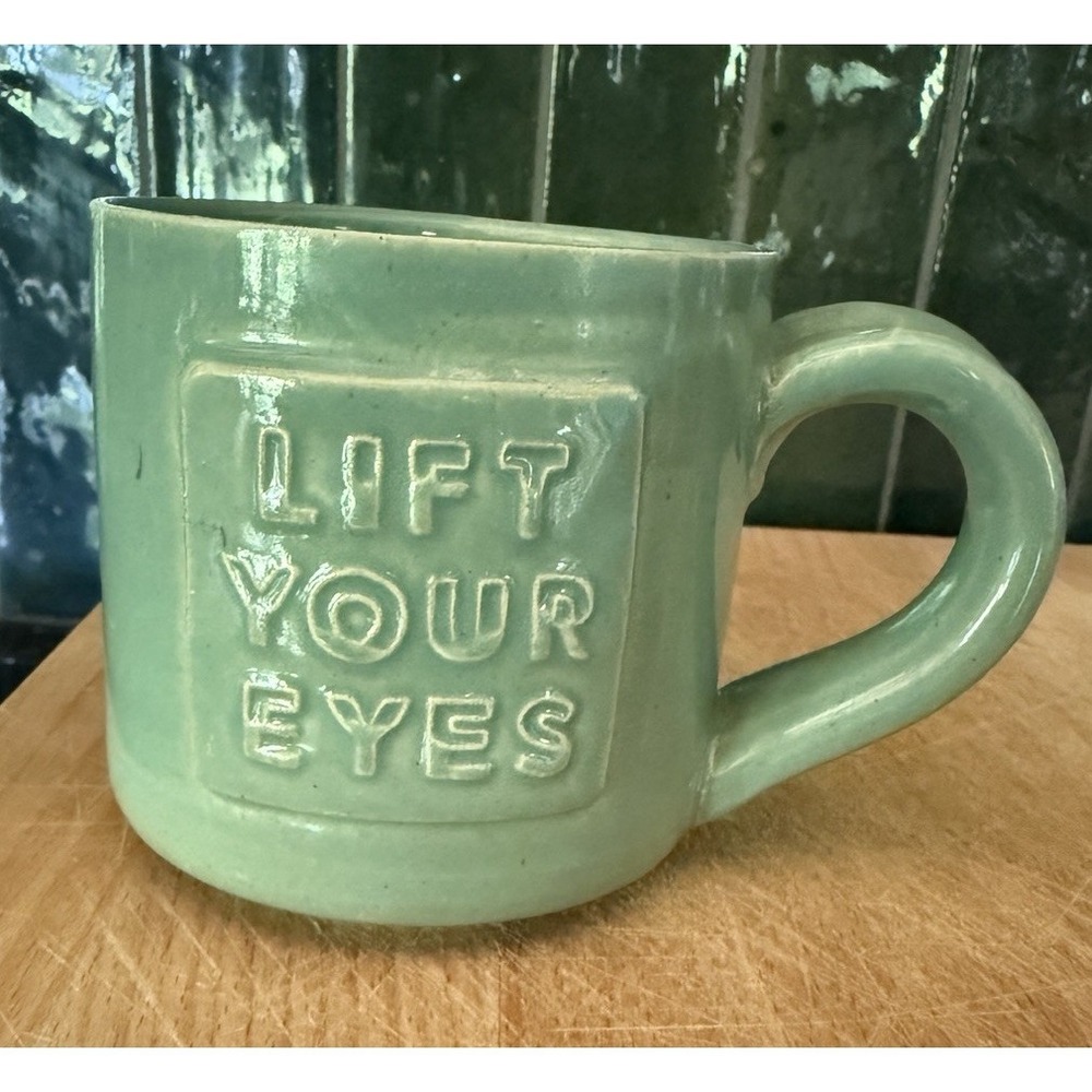 Black Oak Pottery Lift Your Eyes Mug Sage Teal Green Ceramic Coffee Cup Waco TX